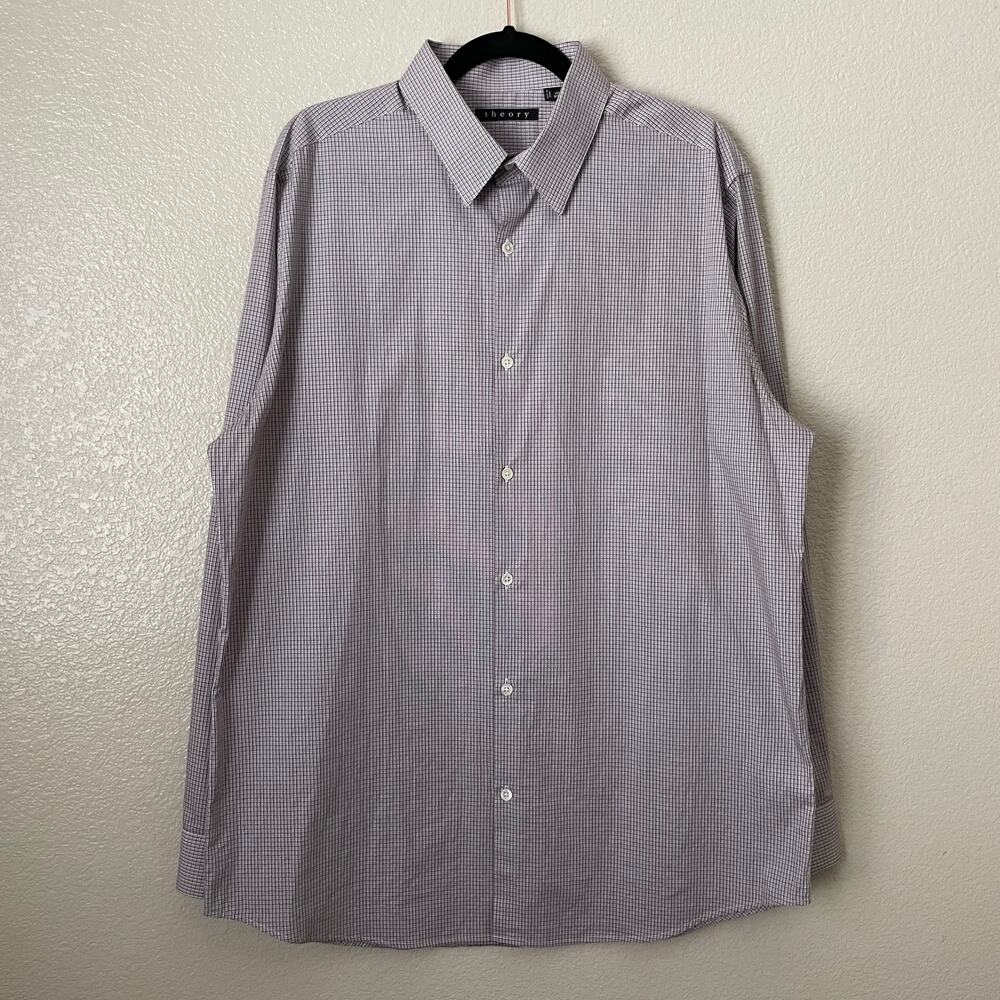 Theory Shirt Mens 17 32-33 White Red Plaid Button Up Long Sleeve Cotton Preppy - Picture 3 of 12